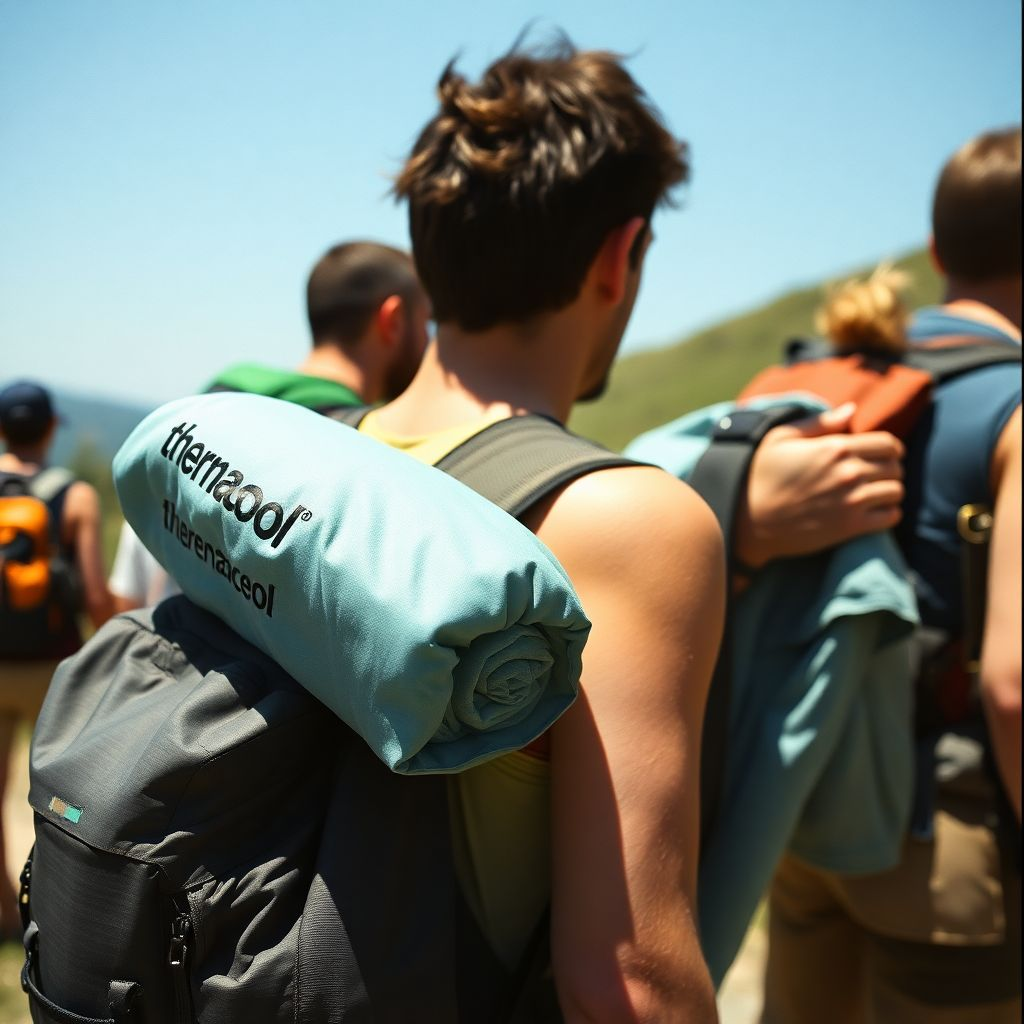 A man in a group of hikers on a hot summer day. He has a backpack with the ThermaCool blanket rolled up and attached at the top. 